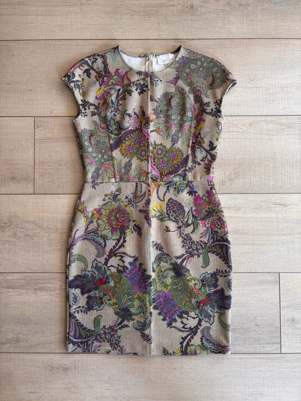 Weston Women’s Floral Paisley Sheath Dress Size S Beige Multicolor Career Midi